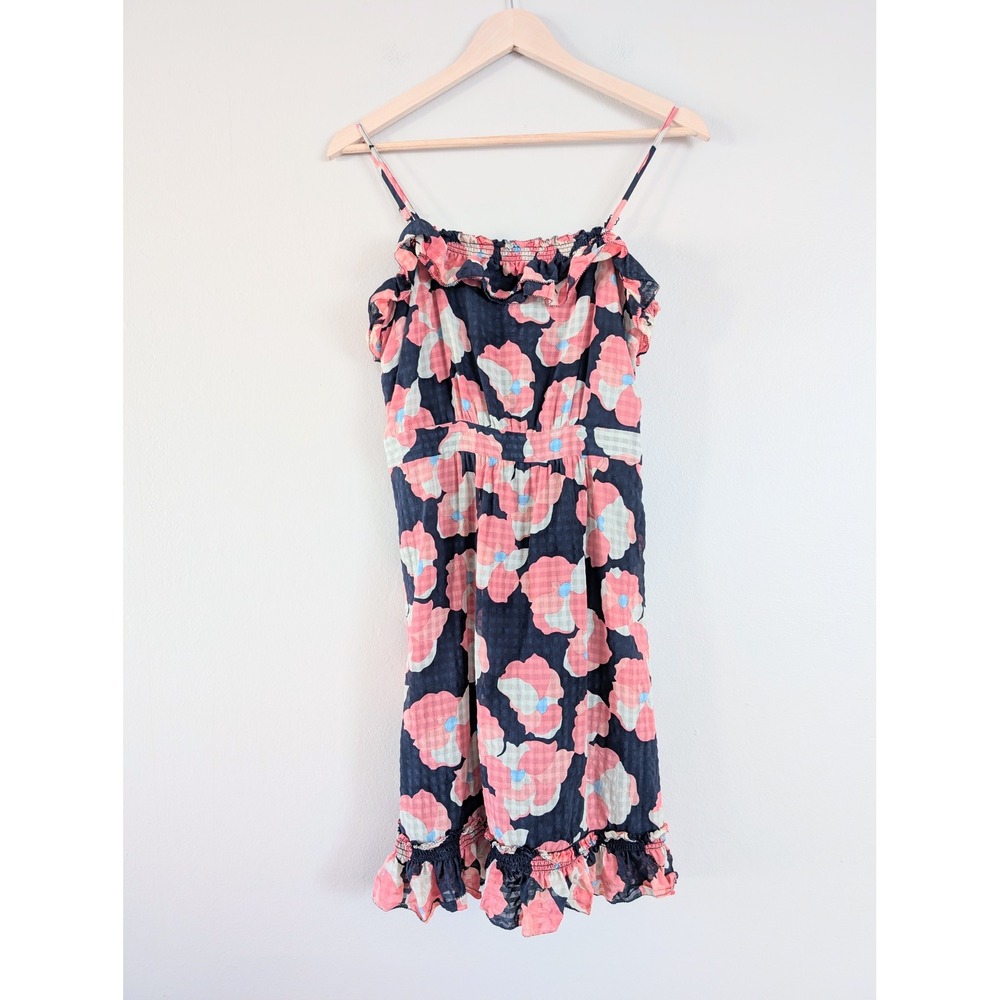 Juicy Couture Silk Cotton Floral Gingham Ruffle Mini Dress Navy Pink Womens 6